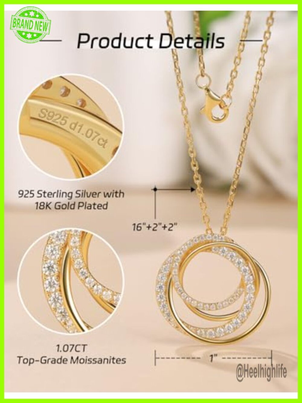 S925 Sterling Silver Moissanite Interlocking Circle Pendant Necklace